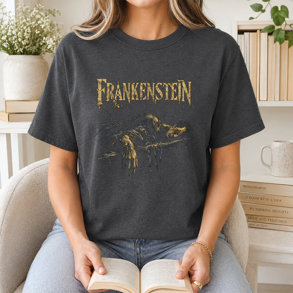 Frankenstein Printed T-Shirt | Halloween Book Lover Gift Dark Heather