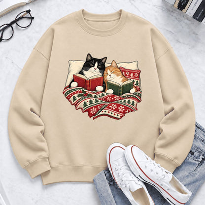 Christmas Reading Cat Couple Softstyle Sweatshirt | Cozy Christmas Gift Sand