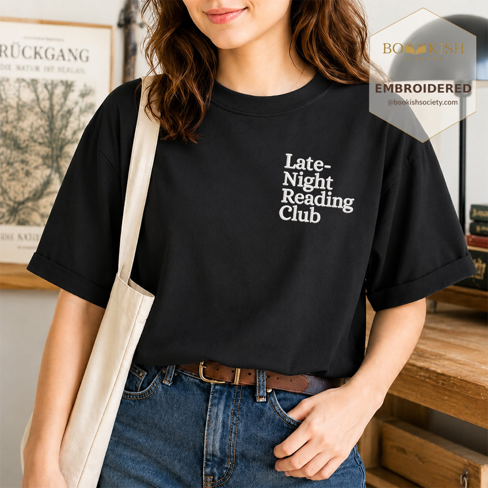 Late Night Reading Club Embroidered Comfort Color® T-shirt | Book Lover Gift Black