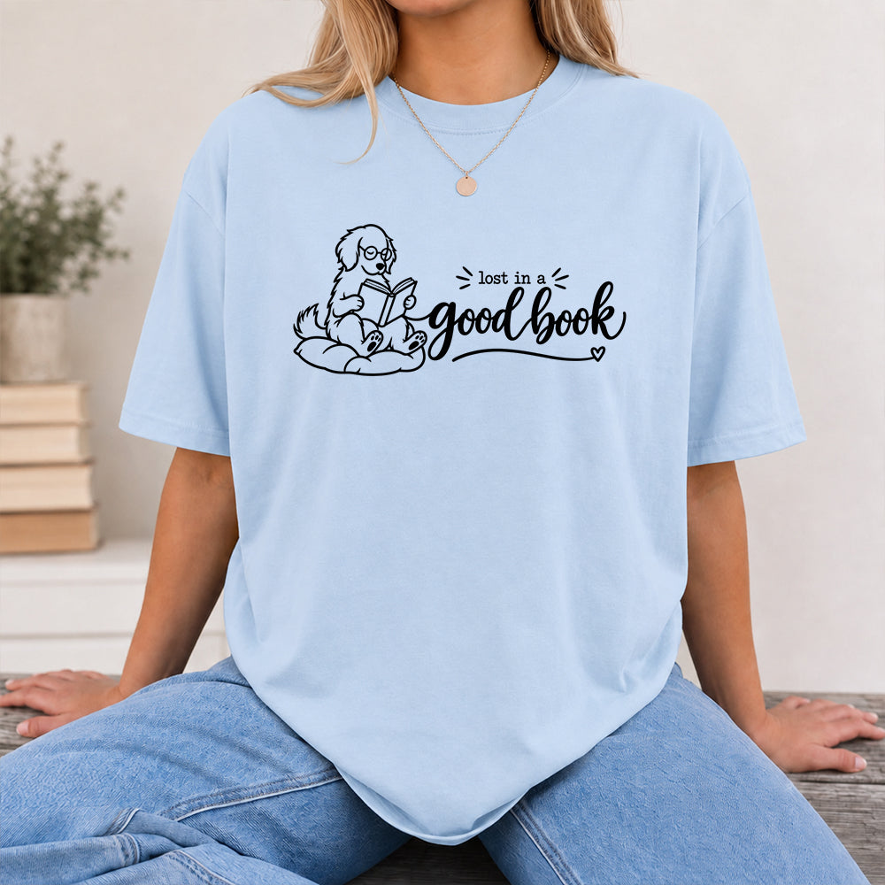 Lost In A Good Book Cotton T-Shirt | Dog & Book Lover Gift Light Blue