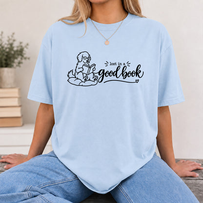 Lost In A Good Book Cotton T-Shirt | Dog & Book Lover Gift Light Blue