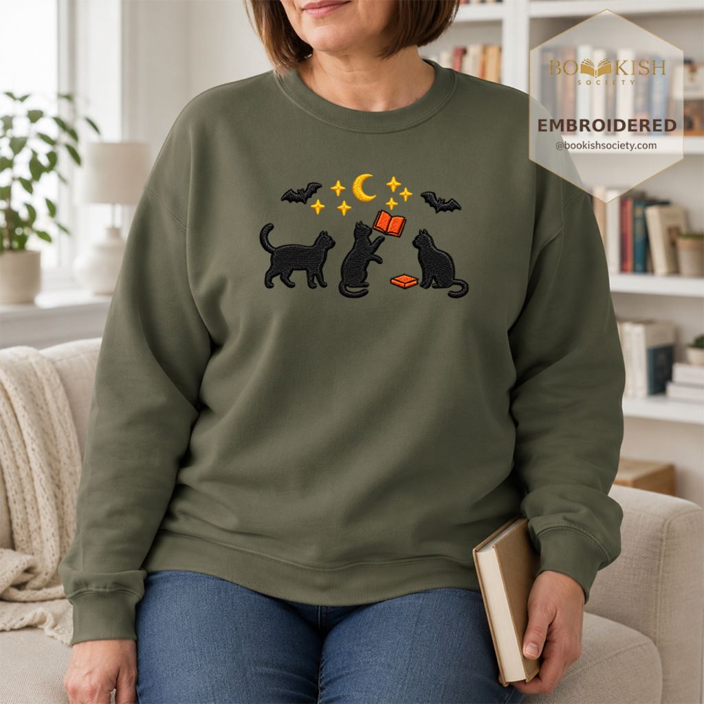 Black Cats With Books Embroidered Sweatshirt | Spooky Reader Gift Military Green