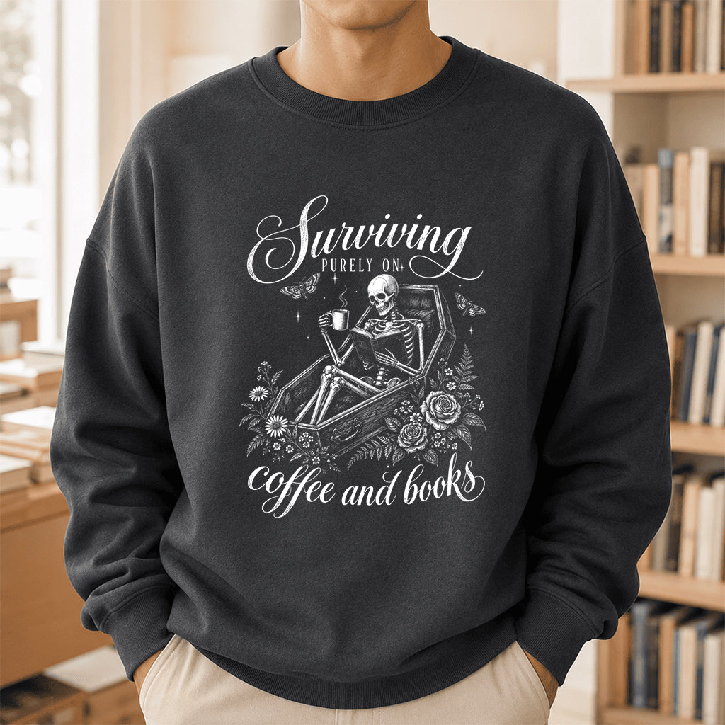 Surviving Purely On Coffee And Books Printed Sweatshirt | Halloween Reader Gift Dark Heather