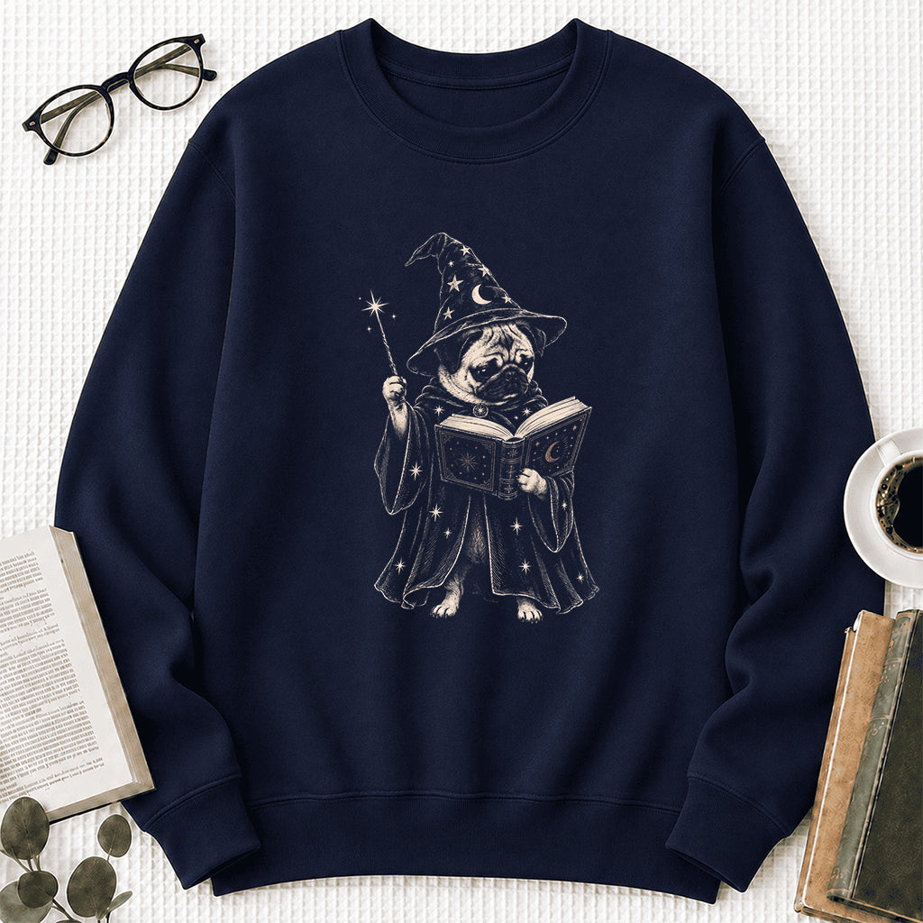 Cute Pug Witch Reading Book Printed Sweatshirt | Halloween Book Lover Gift Navy