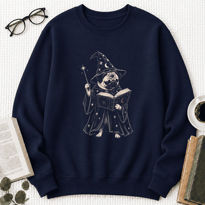Cute Pug Witch Reading Book Printed Sweatshirt | Halloween Book Lover Gift Navy