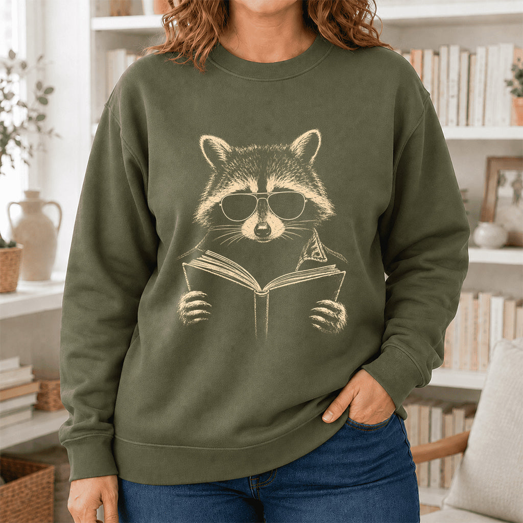 Raccoon Reading Book Crewneck Sweatshirt | Reader Gift Military Green