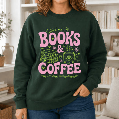 Books and Coffee Crewneck Sweatshirt | Reader Gift Forest Green