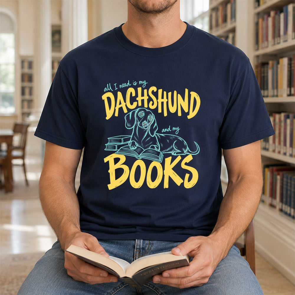 All I Need Is My Dachshund And My Books Softstyle T-Shirt | Book Lover Gift Navy