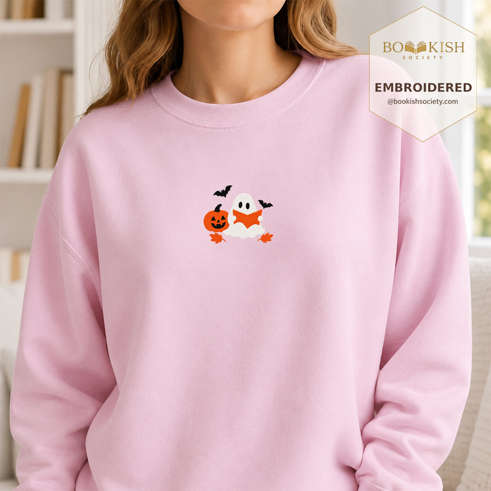 Ghost Reading Embroidered Sweatshirt | Halloween Reader Gift Light Pink