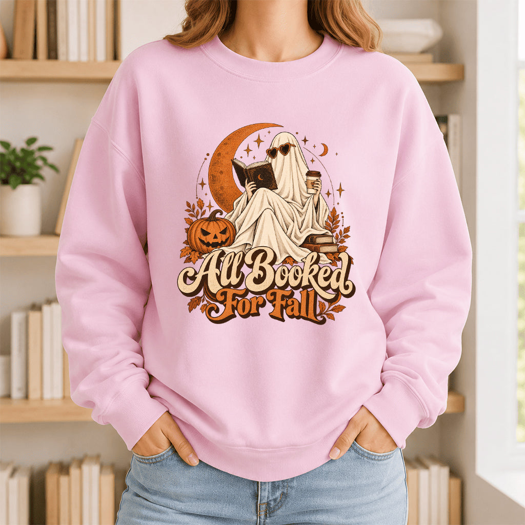 All Booked For Fall Crewneck Sweatshirt | Halloween Reader Gift Light Pink