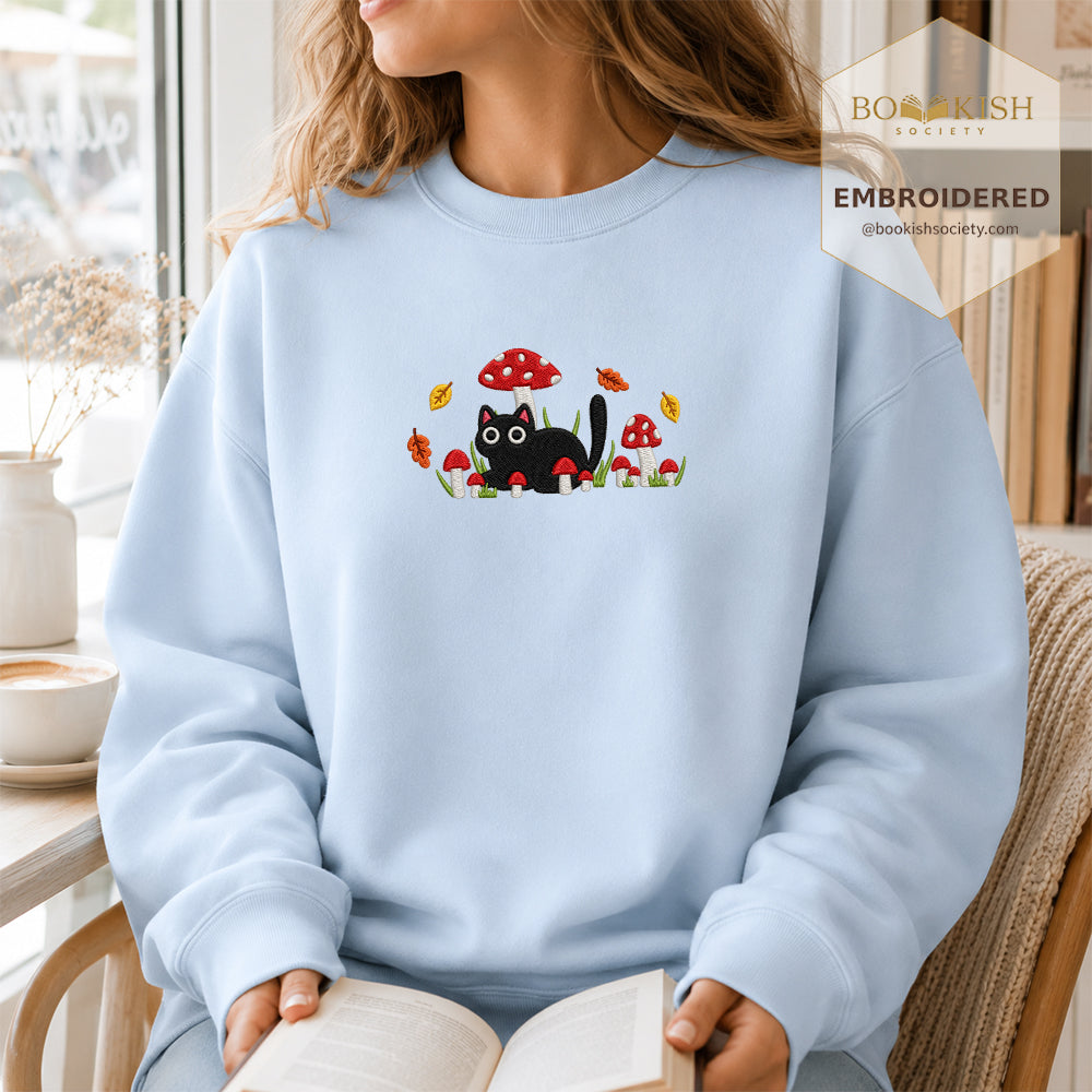 Mushroom Cat Embroidered Sweatshirt | Reader Gift Light Blue
