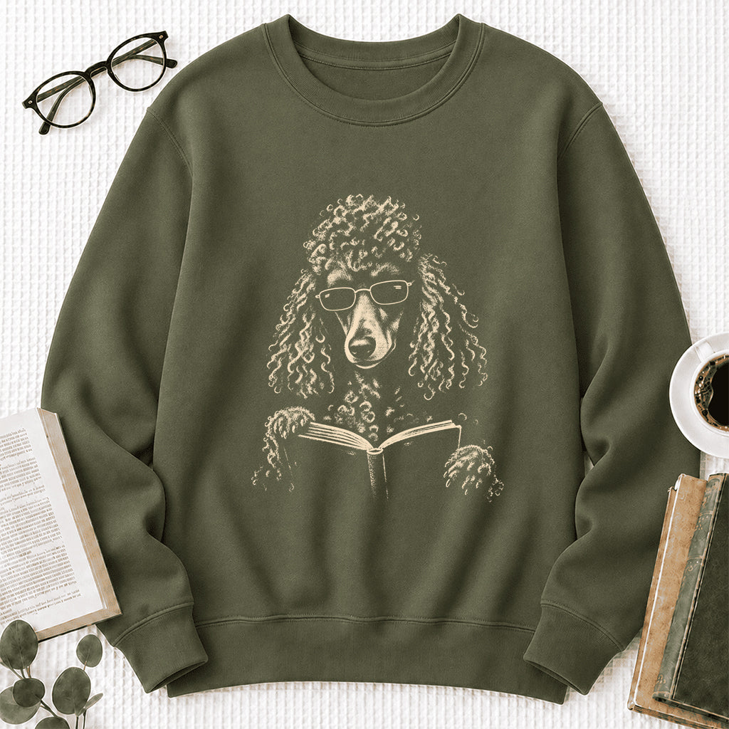 Poodle Reading Book Crewneck Sweatshirt | Reader Gift Military Green