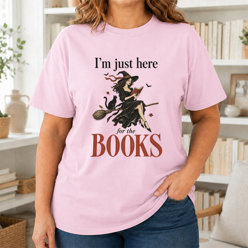 I'M Just Here For The Books Printed T-Shirt | Halloween Book Lover Gift Light Pink