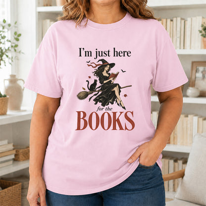 I'M Just Here For The Books Printed T-Shirt | Halloween Book Lover Gift Light Pink