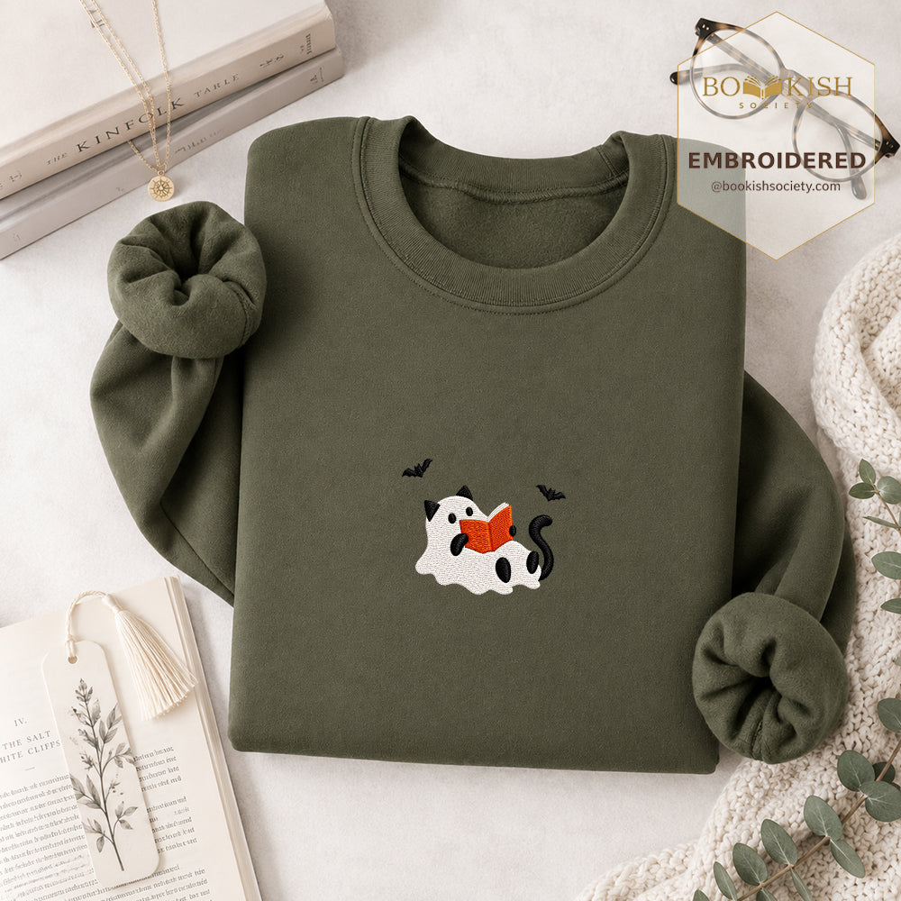 Reading Ghost Cat Embroidered Sweatshirt | Spooky Halloween Reader Gift Military Green