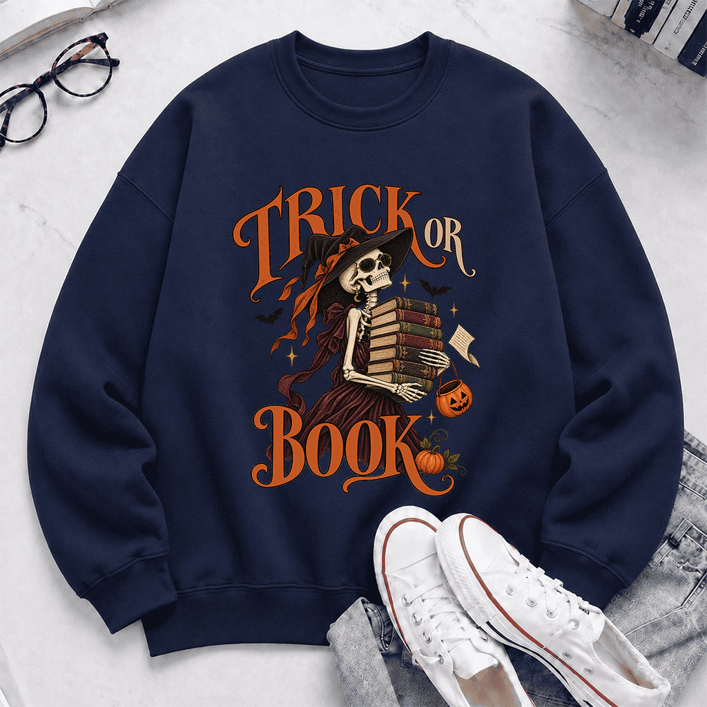 Trick Or Book Printed Sweatshirt | Halloween Book Lover Gift Navy