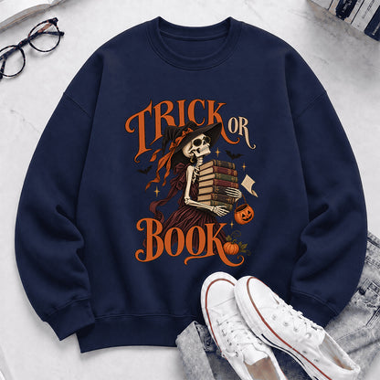 Trick Or Book Printed Sweatshirt | Halloween Book Lover Gift Navy