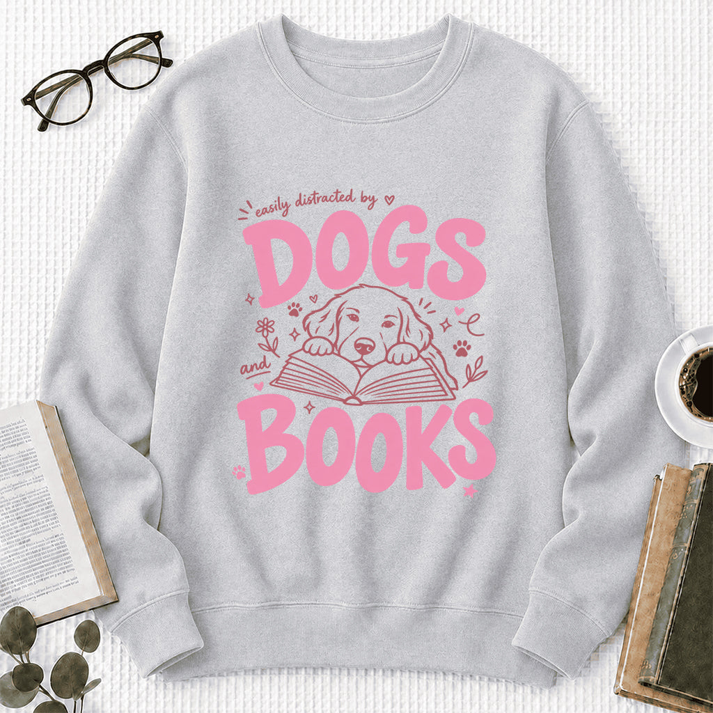 Easily Distracted By Dog And Books Crewneck Sweatshirt | Dog Lover & Reader Gift Sport Grey