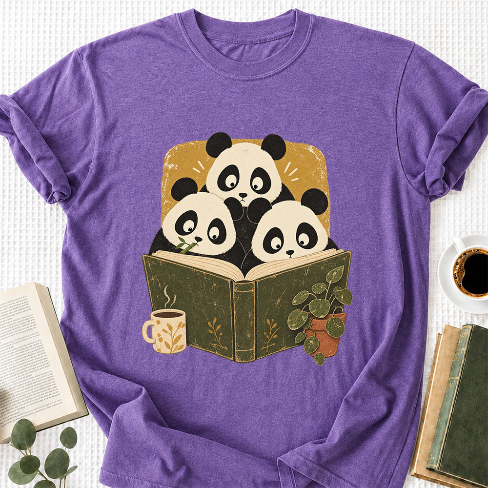 Minimal Japanese Pandas Reading Softstyle T-Shirt | Book Lover Gift Heather Purple