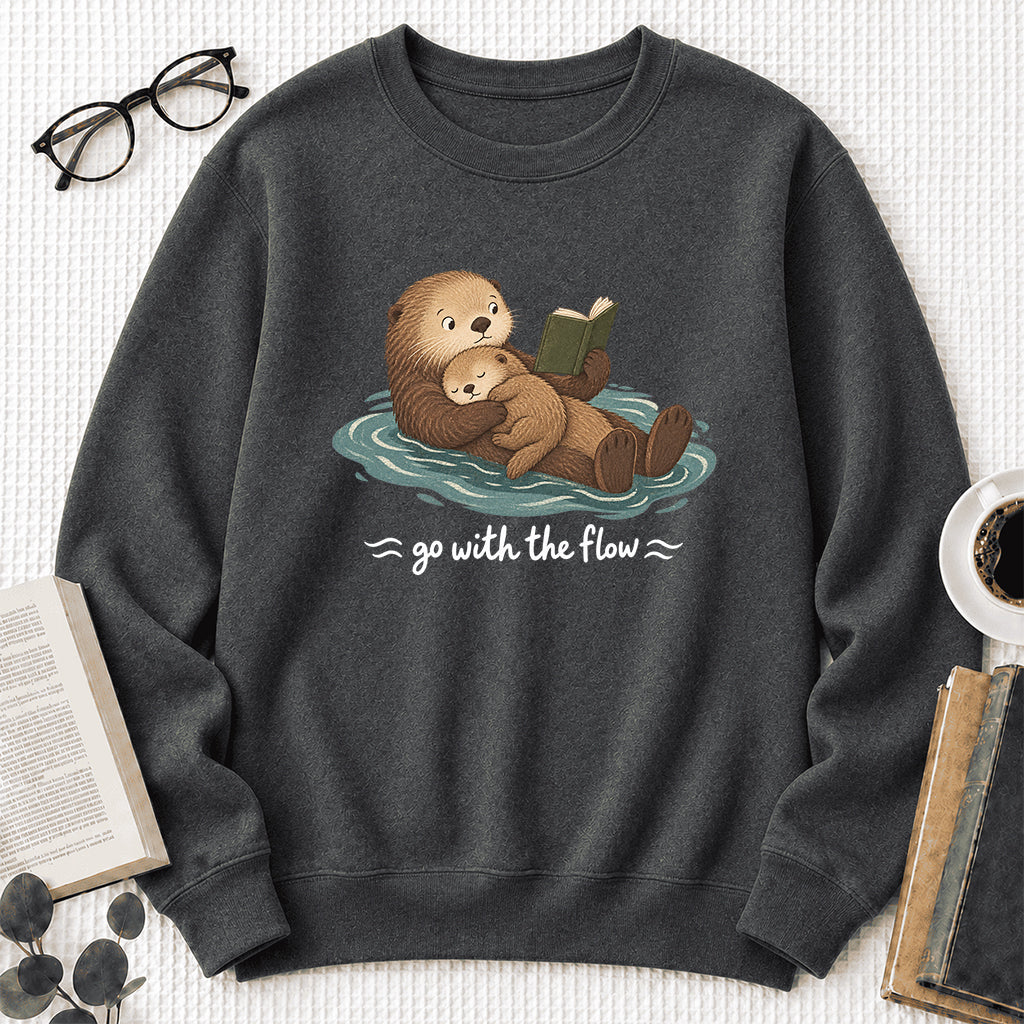 Go With The Flow Otter Reading Crewneck Sweatshirt | Reader Gift Dark Heather