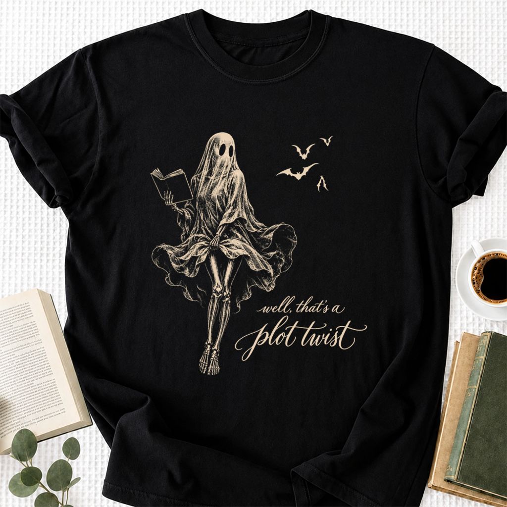 Funny Dress-Wearing Bookworm Ghost Printed T-Shirt | Halloween Book Lover Gift Black