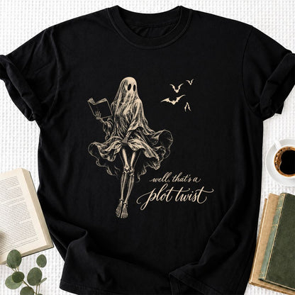 Funny Dress-Wearing Bookworm Ghost Printed T-Shirt | Halloween Book Lover Gift Black