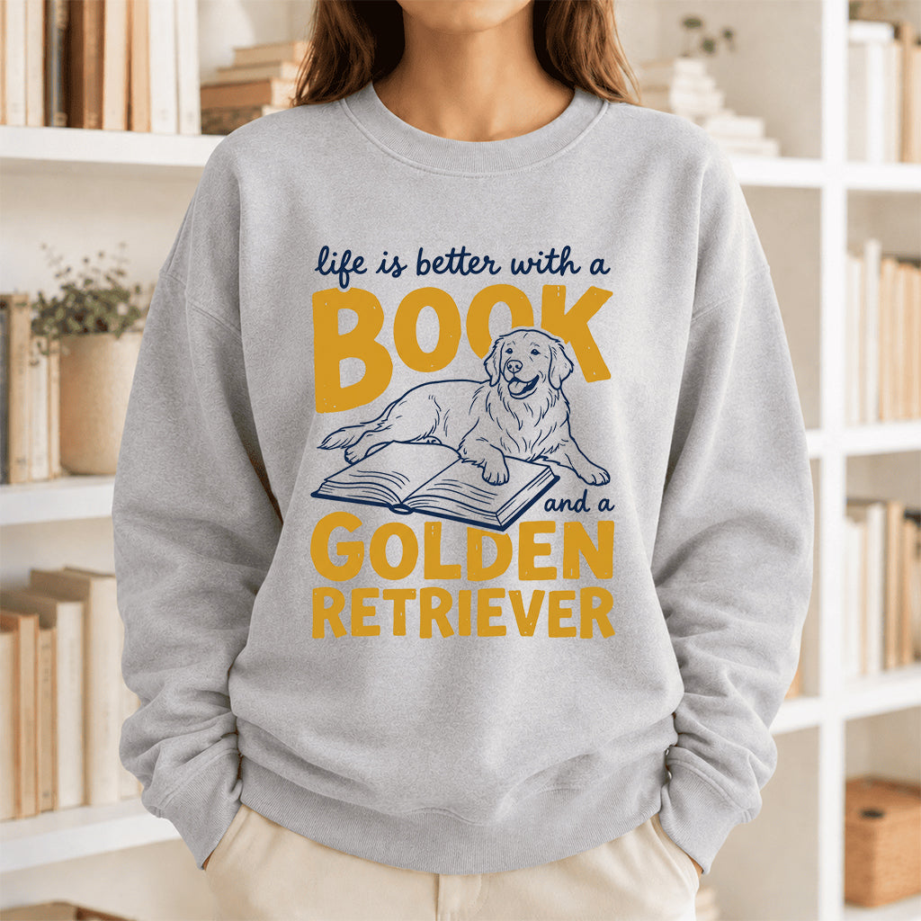 Life Is Better With A Book And A Golden Retriever Crewneck Sweatshirt | Reader Gift Sport Grey