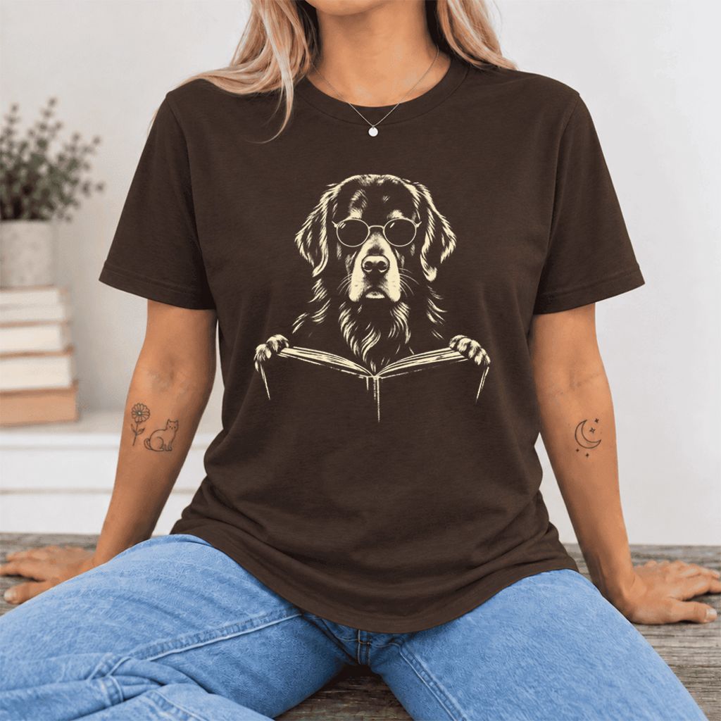 Golden Retriever Reading Book Ultra-Soft Cotton T-Shirt | Dog Mom Reader Gift Brown