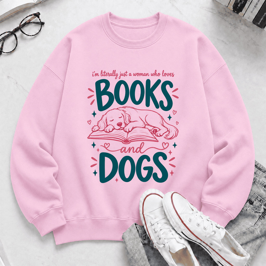 Just A Woman Who Loves Books and Dogs Crewneck Sweatshirt |  Dog Lover & Reader Gift Light Pink