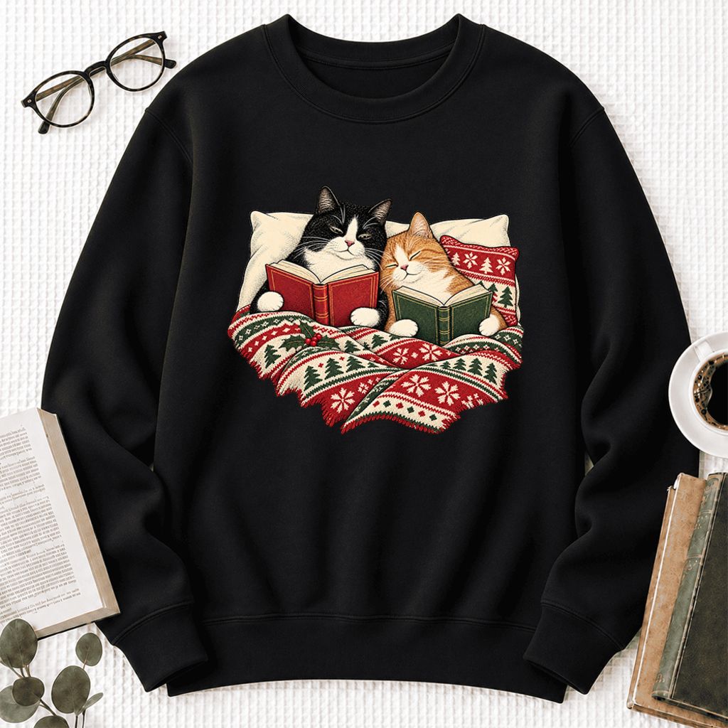 Christmas Reading Cat Couple Softstyle Sweatshirt | Cozy Christmas Gift Black