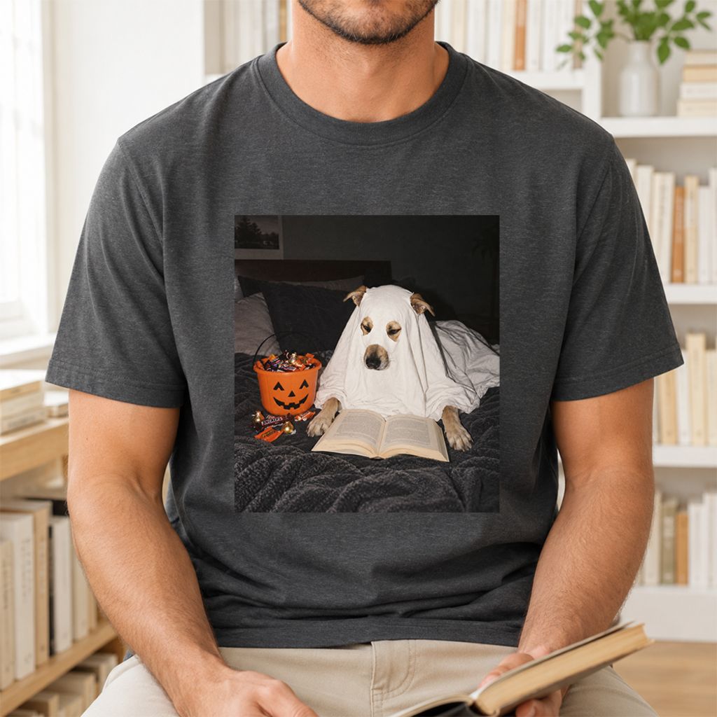 Cute Reading Ghost Dog Printed T-Shirt | Halloween Book Lover Gift Dark Heather