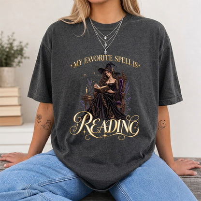 My Favorite Spell Is Reading Printed T-Shirt | Halloween Fantasy Book Lover Gift Dark Heather