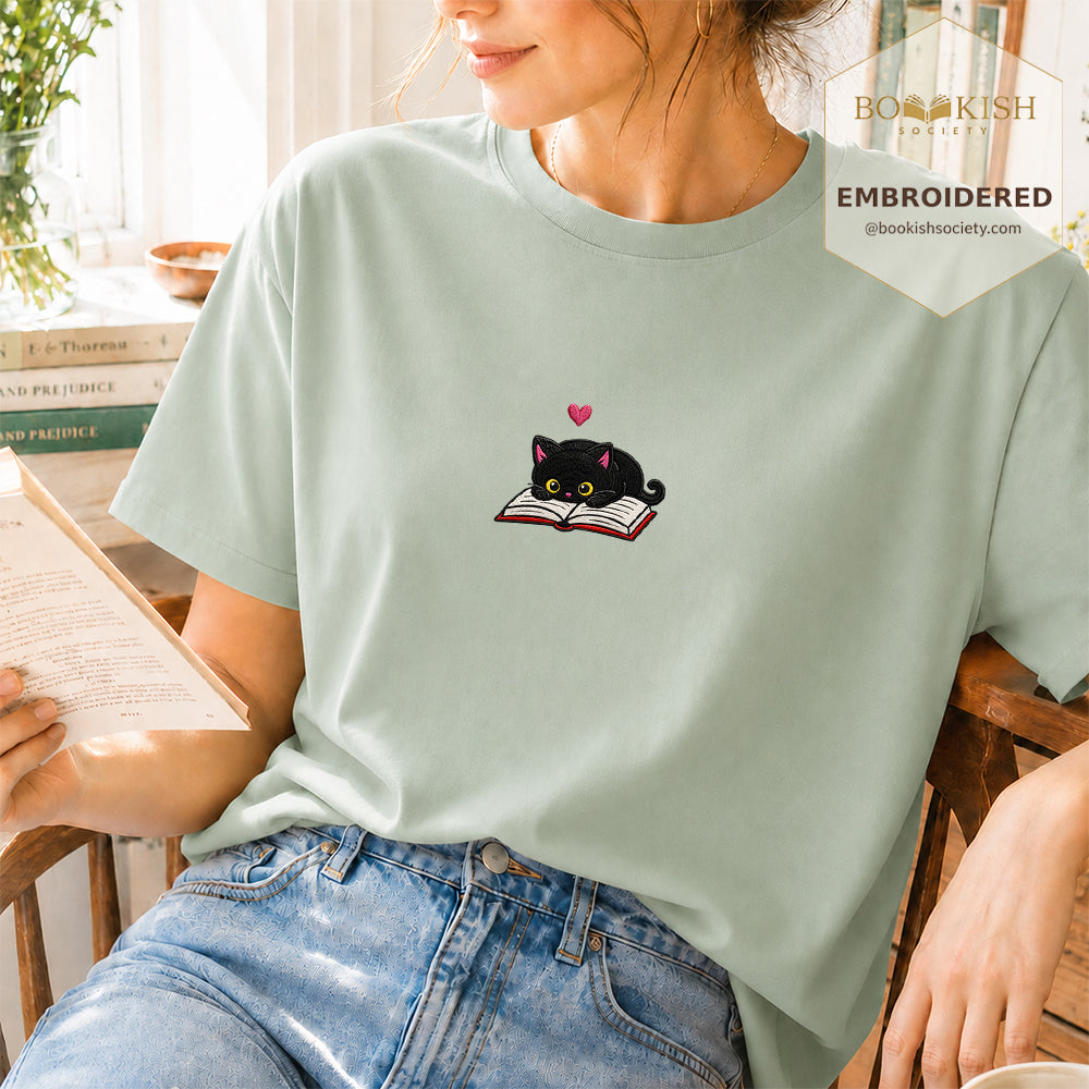 Embroidered Black Cat and Book Comfort Color® T-shirt Book Lover Gift Bay