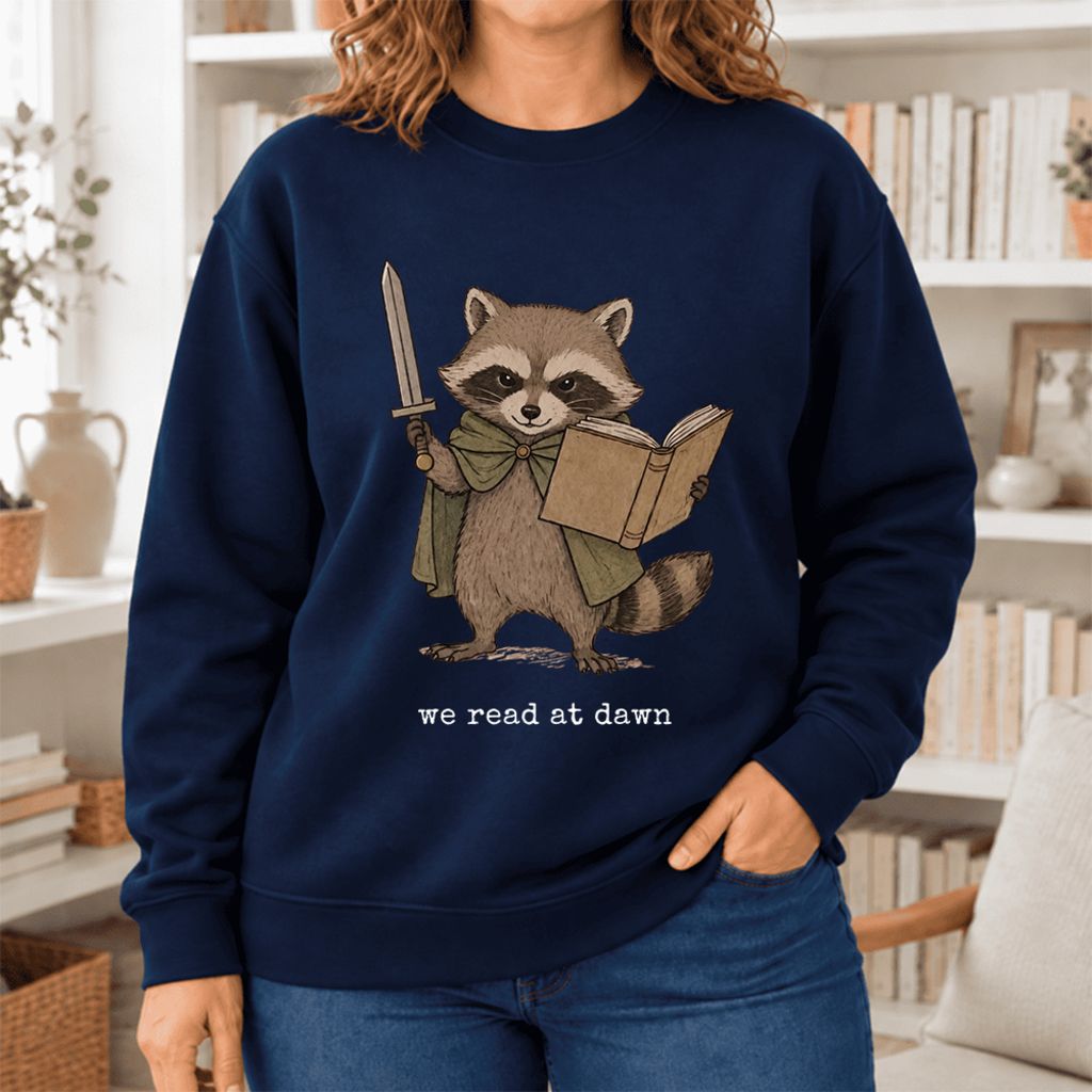 We Read At Dawn Funny Racoon Softstyle Sweatshirt | Cozy Book Lover Gift Navy