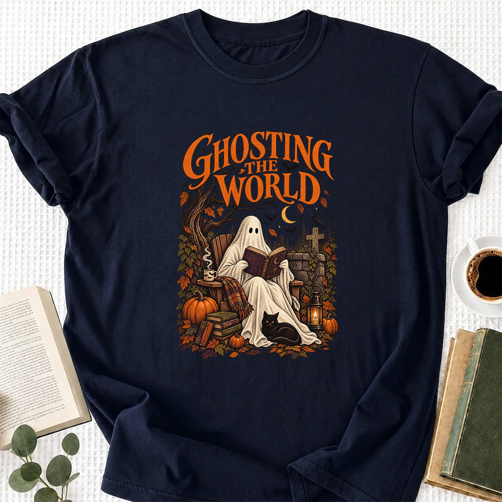 Ghosting The World Cotton T-Shirt | Halloween Book Lover Gift Navy