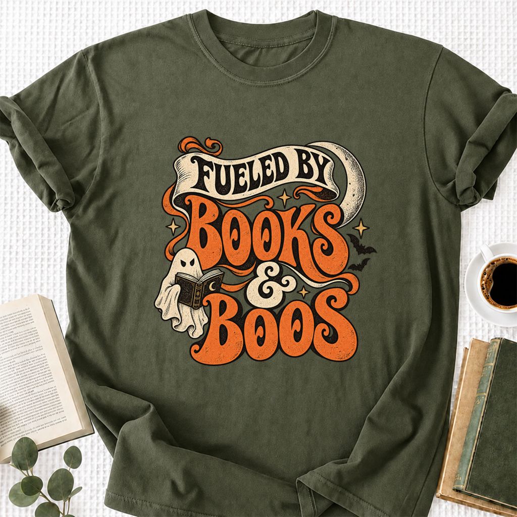 Fueled By Books & Boos Printed T-Shirt | Halloween Book Lover Gift Military Green
