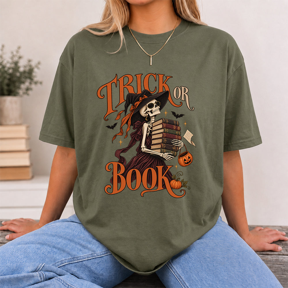 Trick Or Book Lady Printed T-Shirt | Halloween Book Lover Gift Military Green