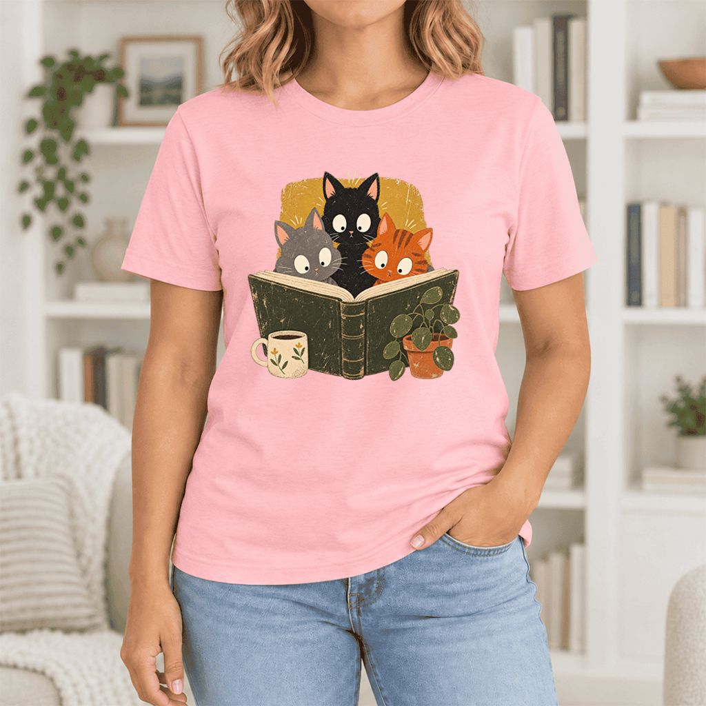 Curious Reading Cats Ultra-Soft Cotton T-Shirt | Cat Lover Reader Gift Pink