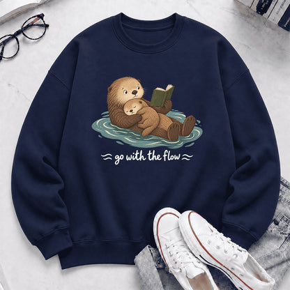 Go With The Flow Otter Reading Crewneck Sweatshirt | Reader Gift Navy