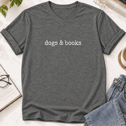 Dogs & Books Ultra-Soft V-Neck | Dog Lover & Reader Gift Deep Heather