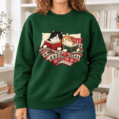 Christmas Reading Cat Couple Softstyle Sweatshirt | Cozy Christmas Gift Forest Green