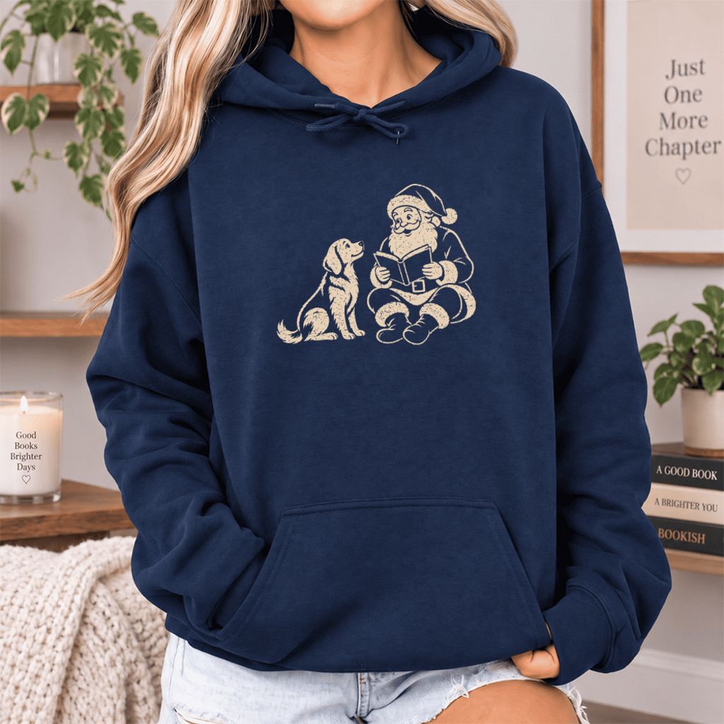 Funny Dog With Santa Christmas Softstyle Hoodie | Christmas Gift For Dog & Book Lover Navy