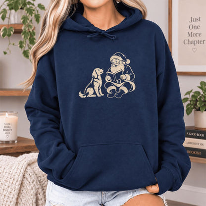 Funny Dog With Santa Christmas Softstyle Hoodie | Christmas Gift For Dog & Book Lover Navy