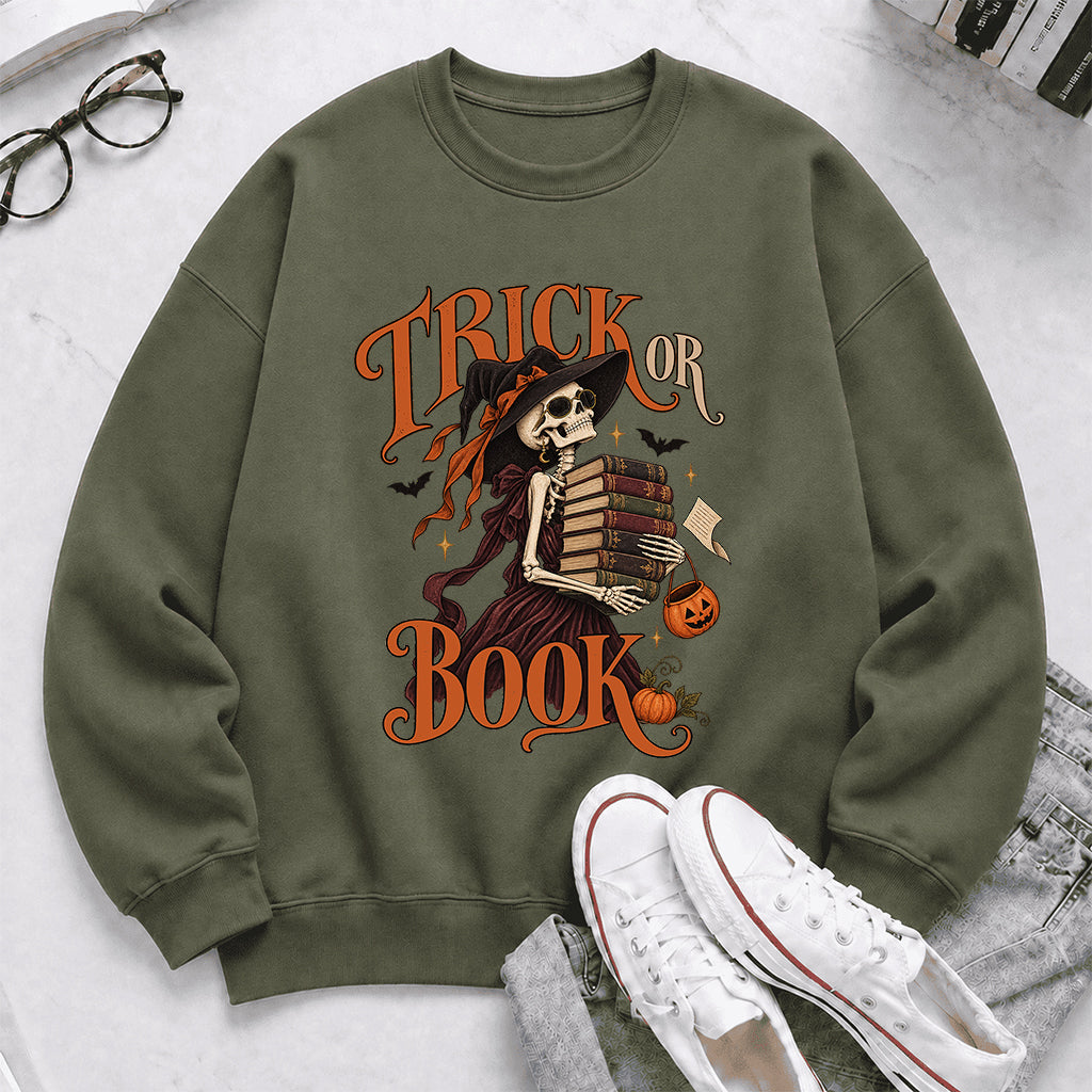 Trick Or Book Printed Sweatshirt | Halloween Book Lover Gift Military Green