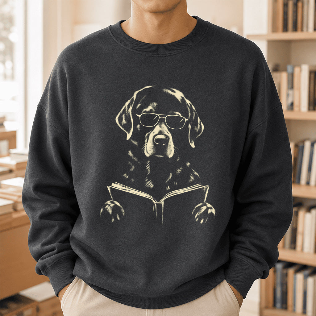 Labrador Retriever Reading Book Crewneck Sweatshirt | Reader Gift Dark Heather