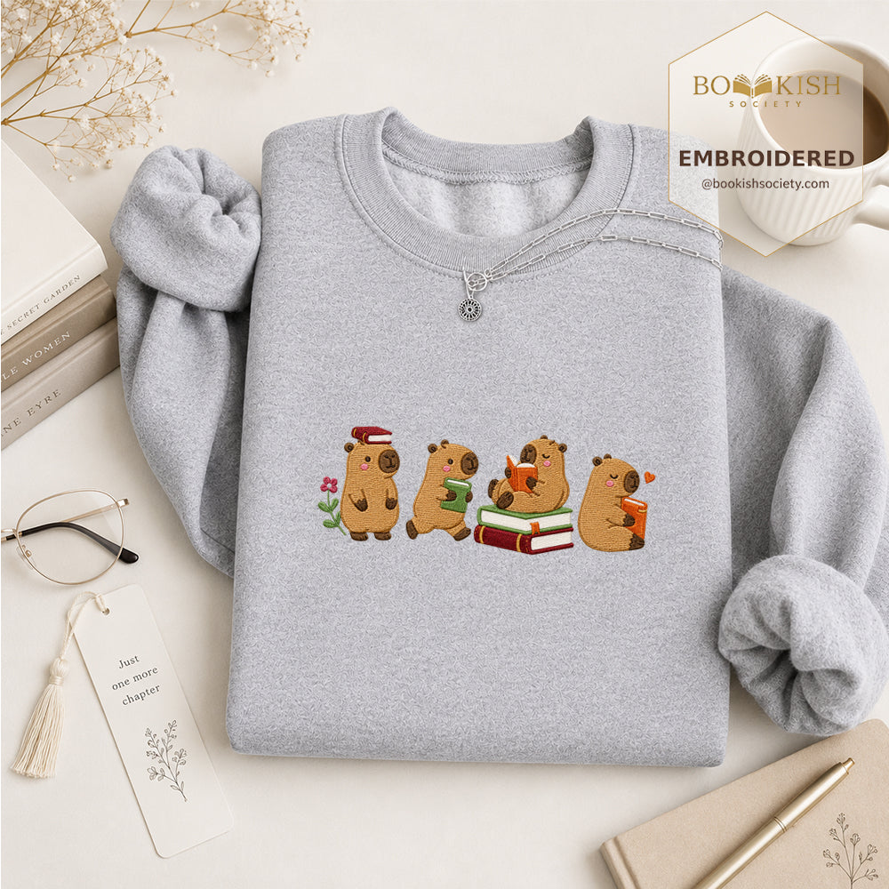 Reading Capybaras Embroidered Sweatshirt | Reader Gift Sport Grey