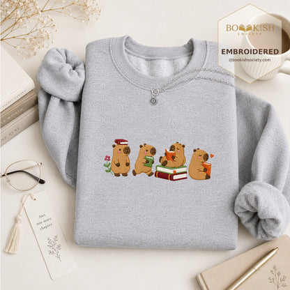 Reading Capybaras Embroidered Sweatshirt | Reader Gift Sport Grey