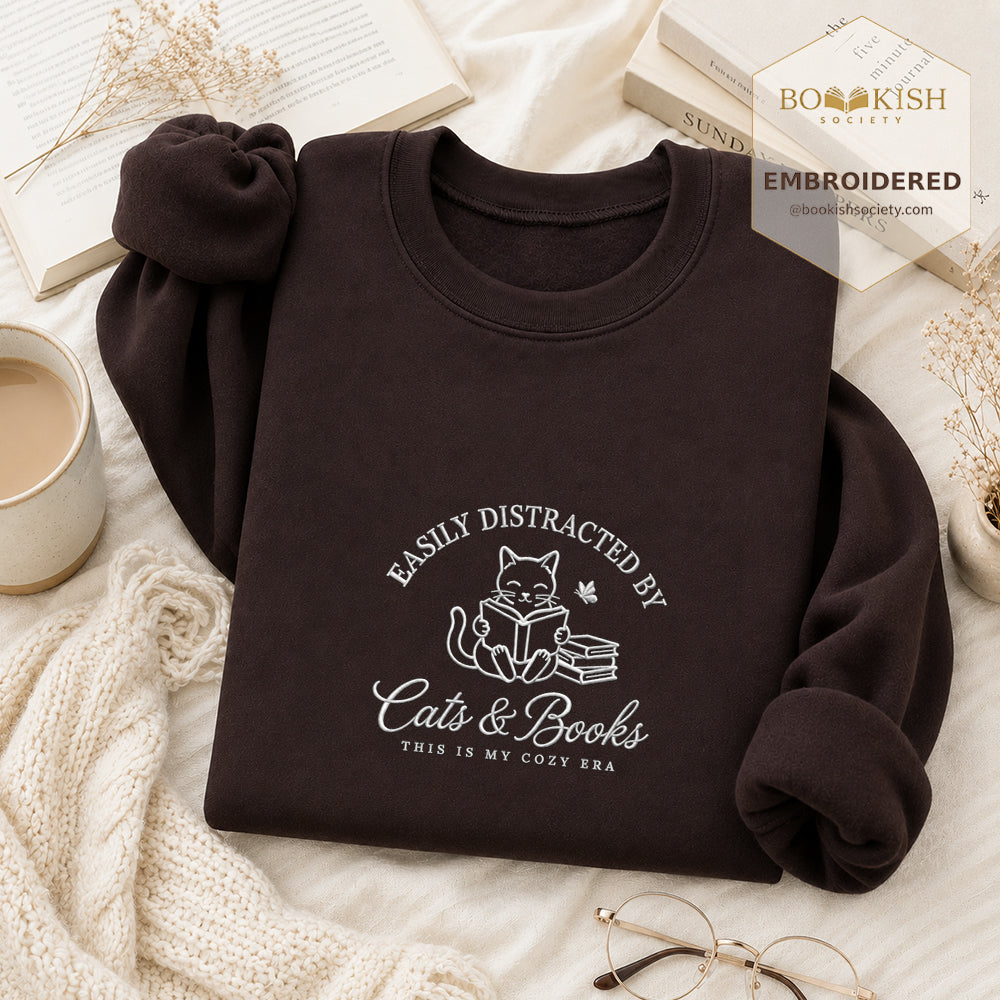 Easily Distracted By Cats And Books V2 Embroidered Sweatshirt | Reader Gift Dark Chocolate