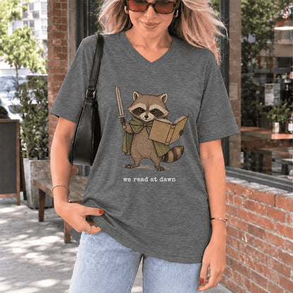 We Read At Dawn Funny Racoon Ultra-Soft V-Neck | Cozy Book Lover Gift Deep Heather