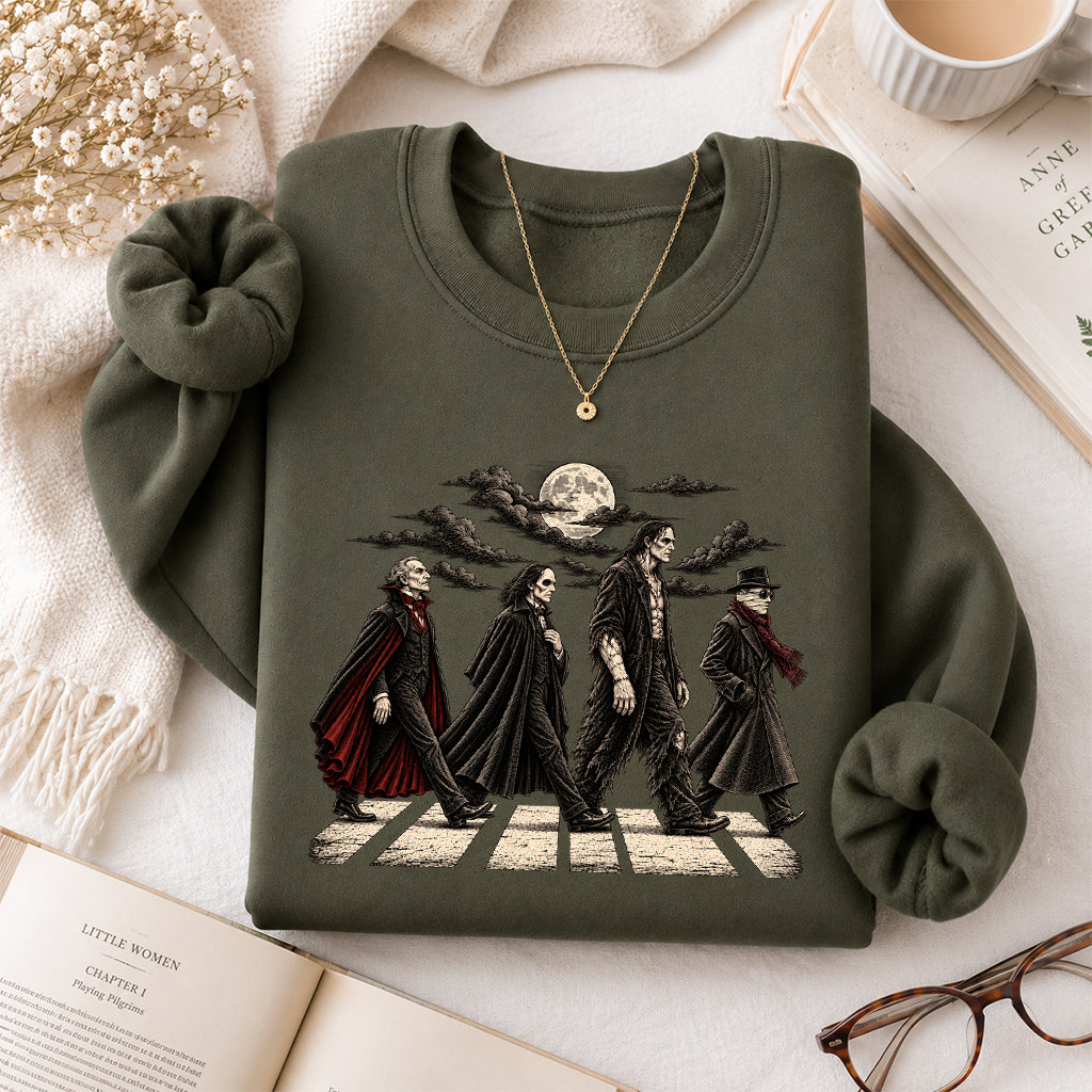 Monsters Road Printed Sweatshirt | Halloween Book Lover Gift Military Green